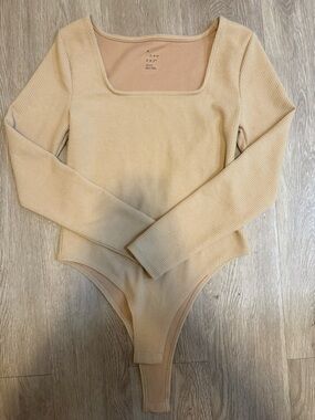 a new day Ribbed Square-Neck Long-Sleeve Bodysuit in Beige